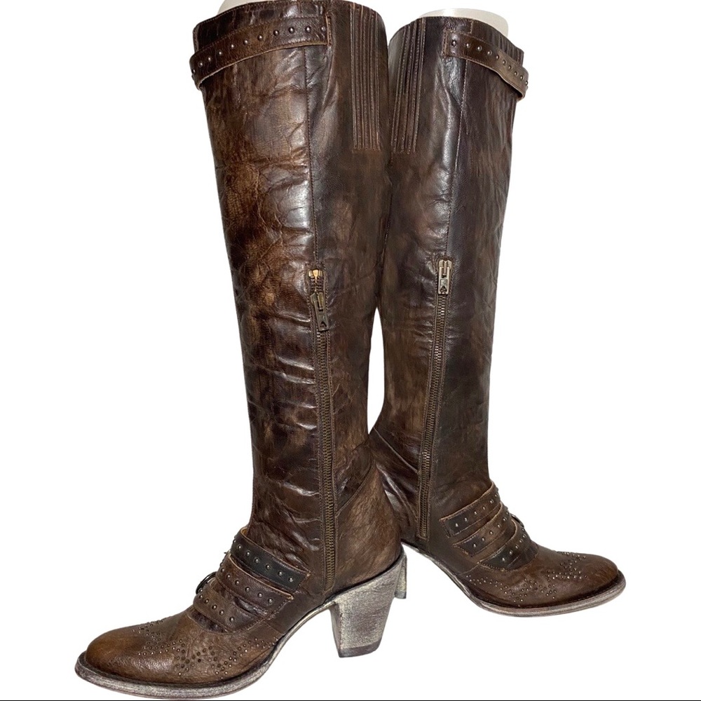 OLD GRINGO ROXY HIGH 18" CHOCOLATE LEATHER BUCKLE STUDDED BOOT Size 7 NEW - Picture 2 of 10